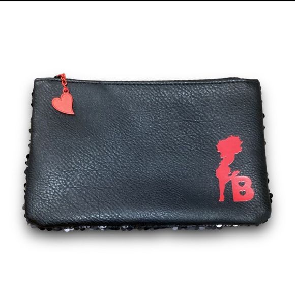 3 Betty Boop X Ipsy Sequined Black & Red Makeup Bag Clutch Purse Red Heart Zip H - Picture 7 of 7